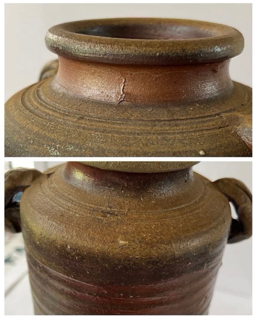 【小川秀蔵 備前焼花瓶】共箱 共布 栞 花器 花入 耳付花入 花生 祖父小西陶古