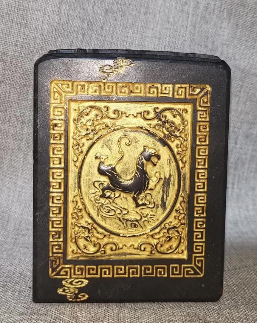 中国古美術・墨玉の四角い印鑑・書道具・文房具・置物・賞物・天然石・細密彫・篆刻