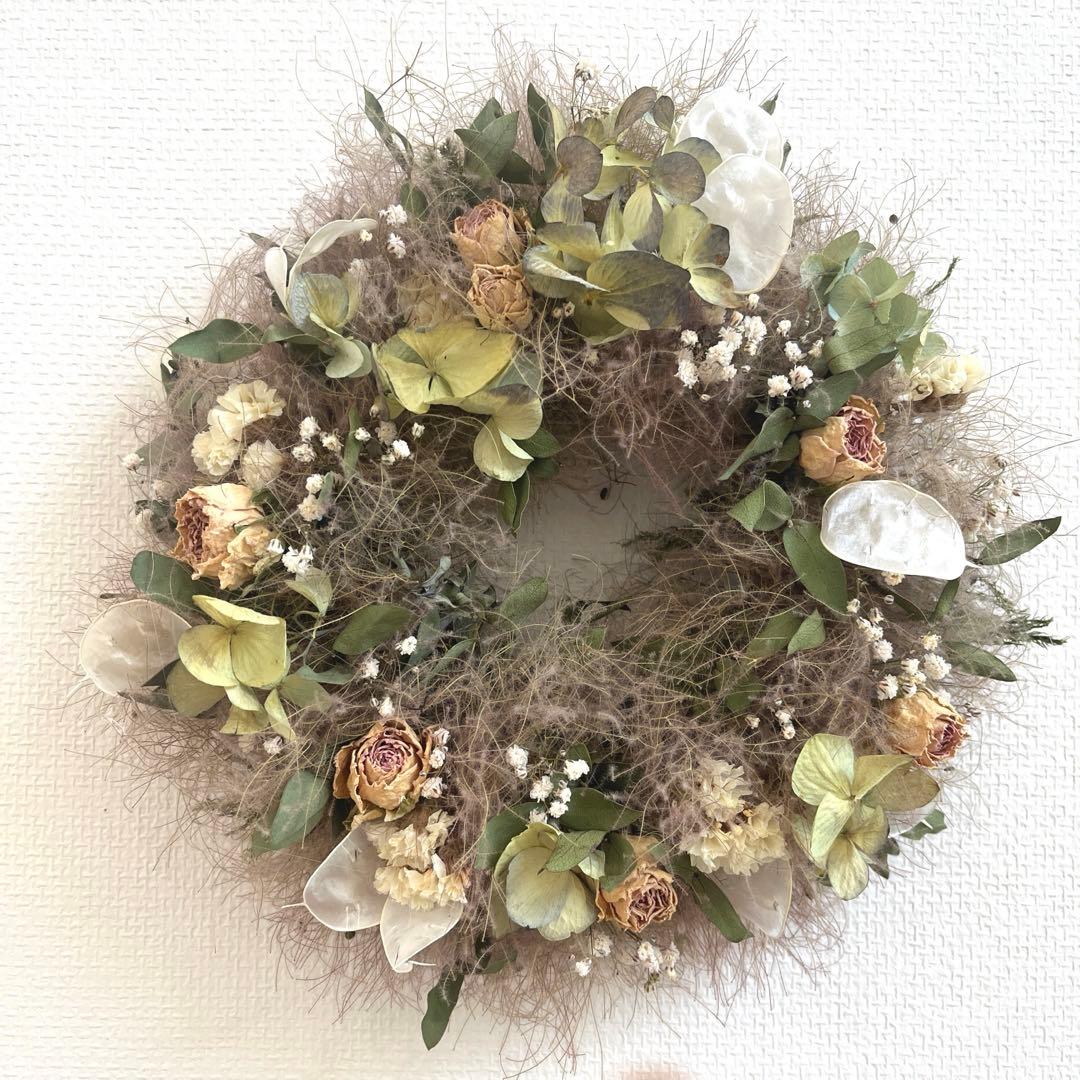 ♡ドライフラワー♡スモークツリーと秋色紫陽花のナチュラルリース♡