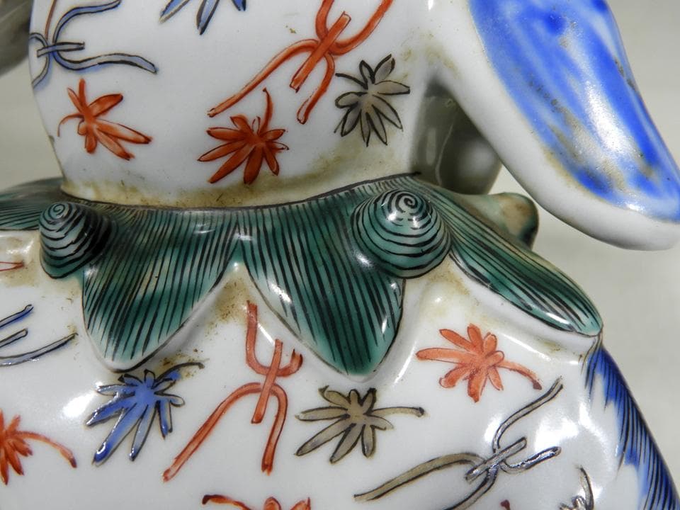 ●江戸期 傑作 古伊万里 柿右衛門様式 色絵 角獅子 独角獅子 妖怪 23cm高