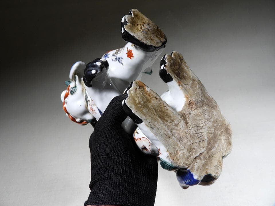 ●江戸期 傑作 古伊万里 柿右衛門様式 色絵 角獅子 独角獅子 妖怪 23cm高