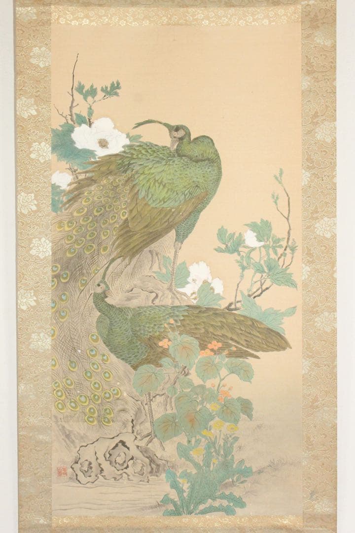 No5393 掛軸　印刷　在印　春山　工芸　牡丹孔雀図　絹本着色　花鳥　送料無料