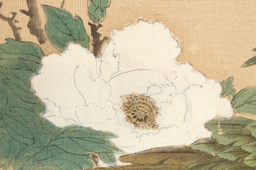 No5393 掛軸　印刷　在印　春山　工芸　牡丹孔雀図　絹本着色　花鳥　送料無料