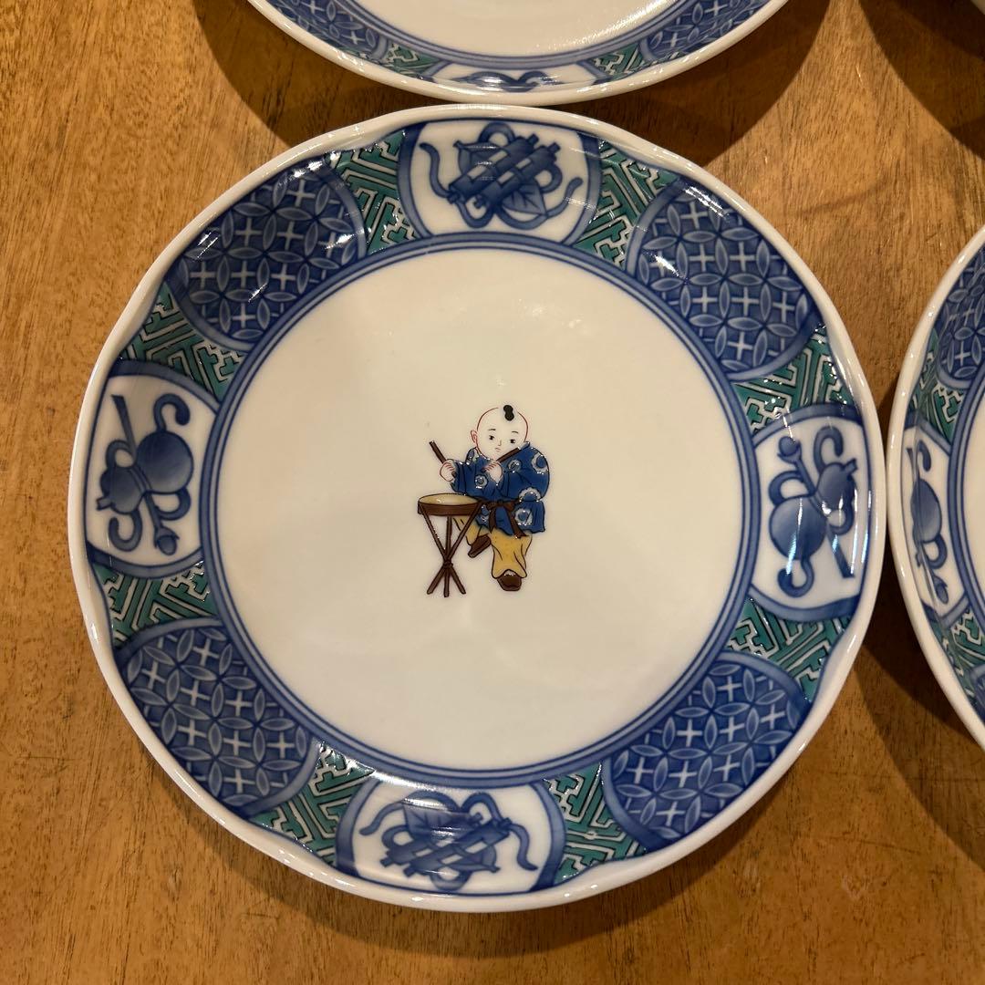 九谷焼　青郊窯　唐子絵変わり　平皿　五枚