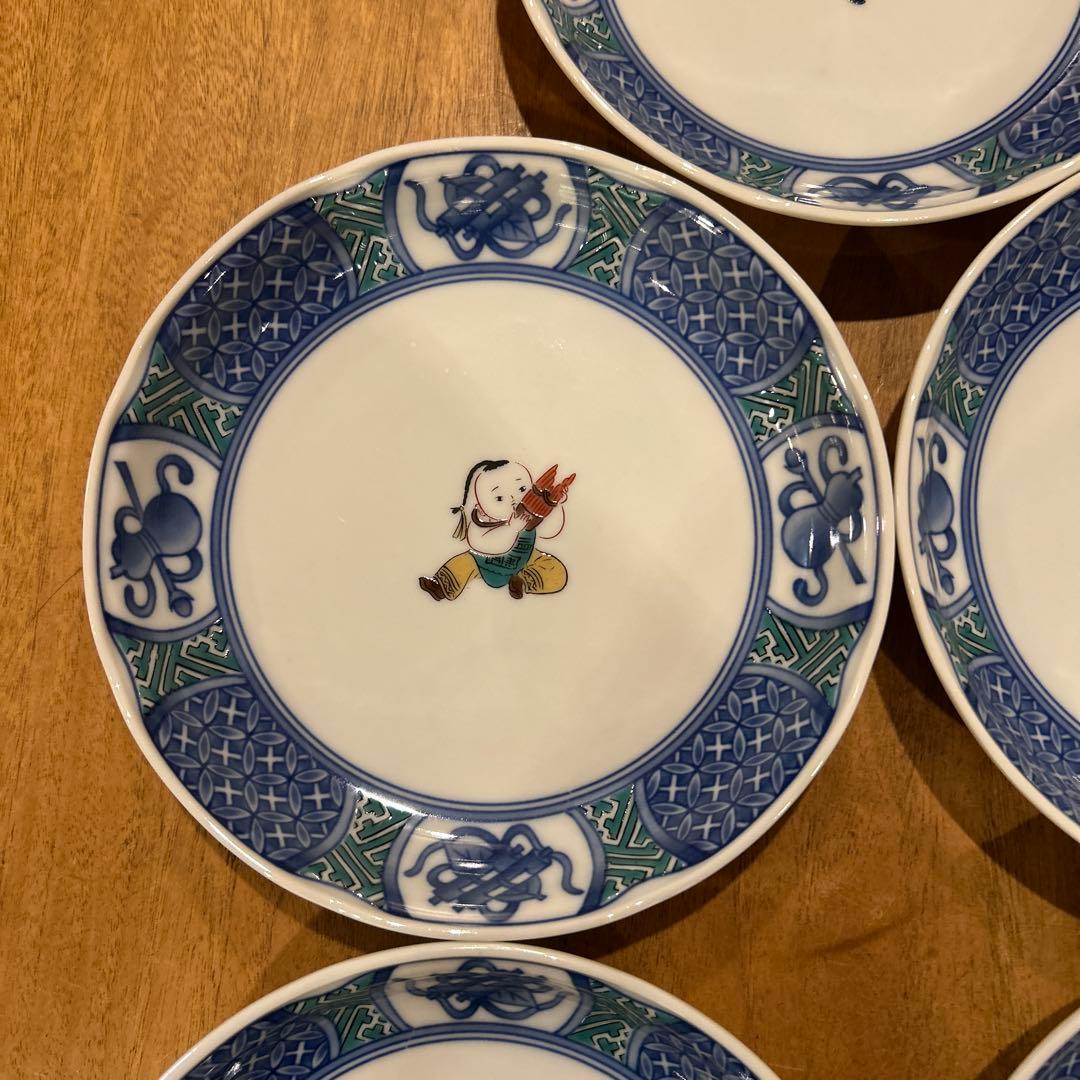 九谷焼　青郊窯　唐子絵変わり　平皿　五枚