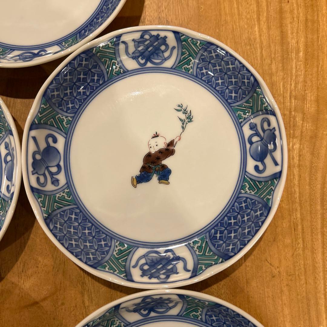 九谷焼　青郊窯　唐子絵変わり　平皿　五枚