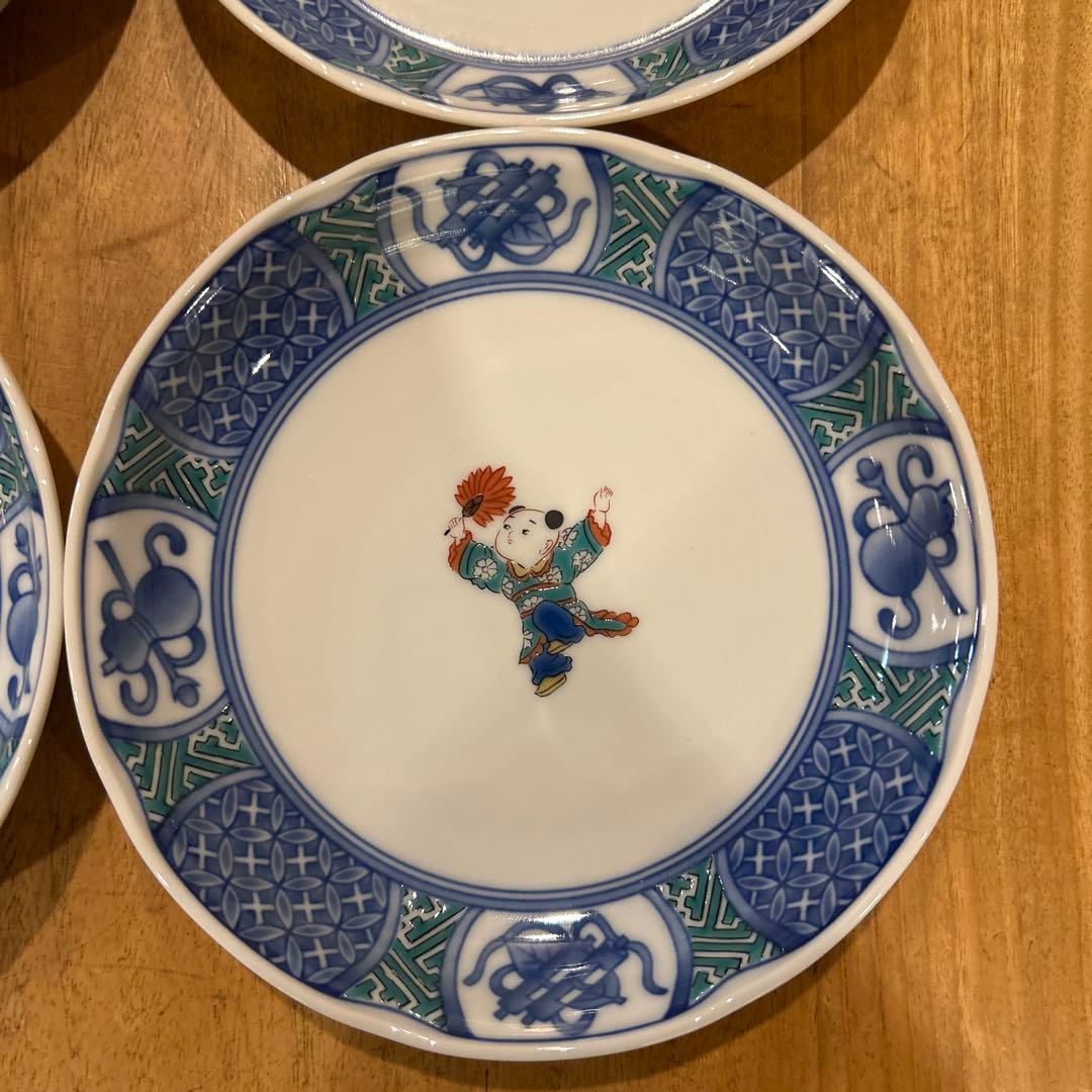 九谷焼　青郊窯　唐子絵変わり　平皿　五枚