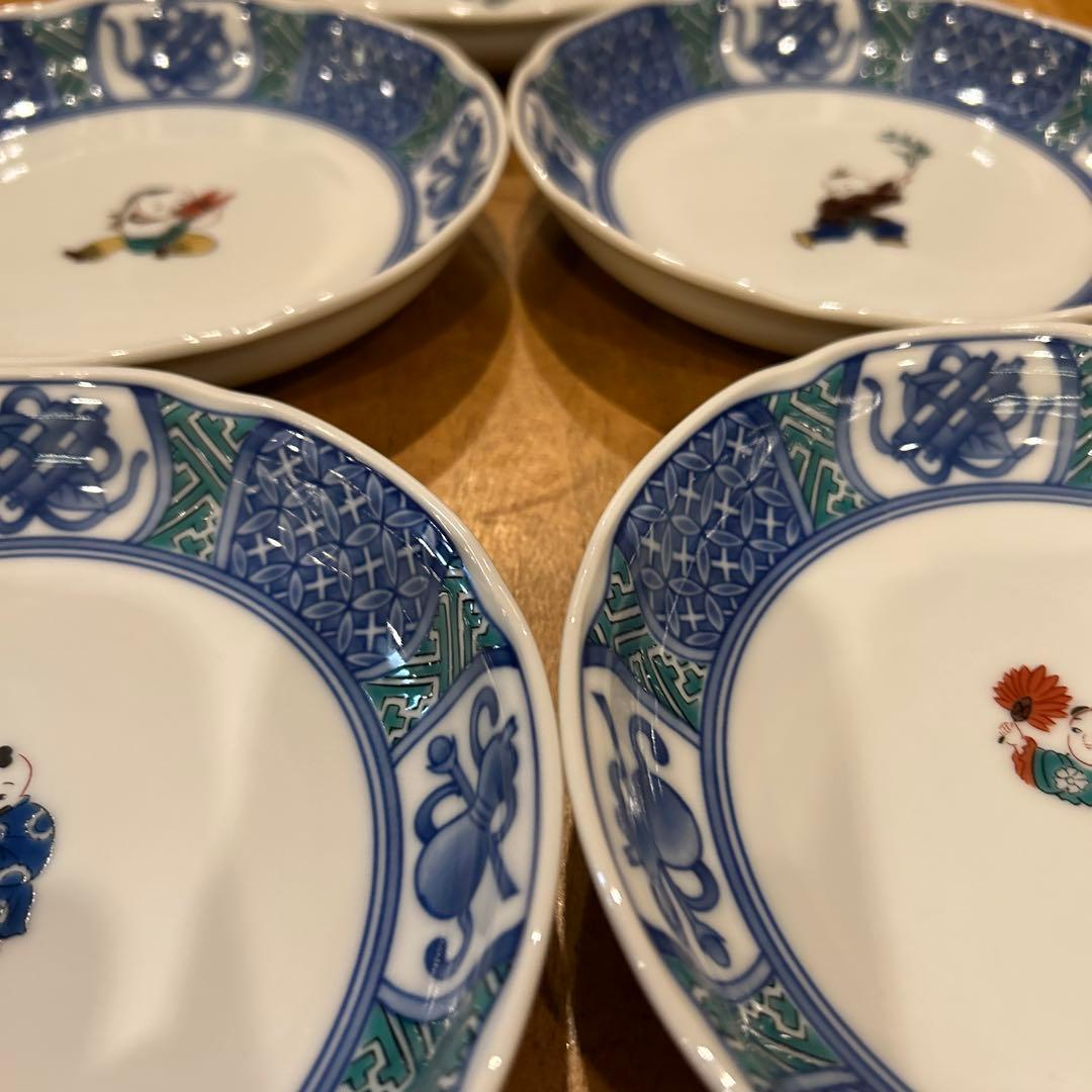 九谷焼　青郊窯　唐子絵変わり　平皿　五枚