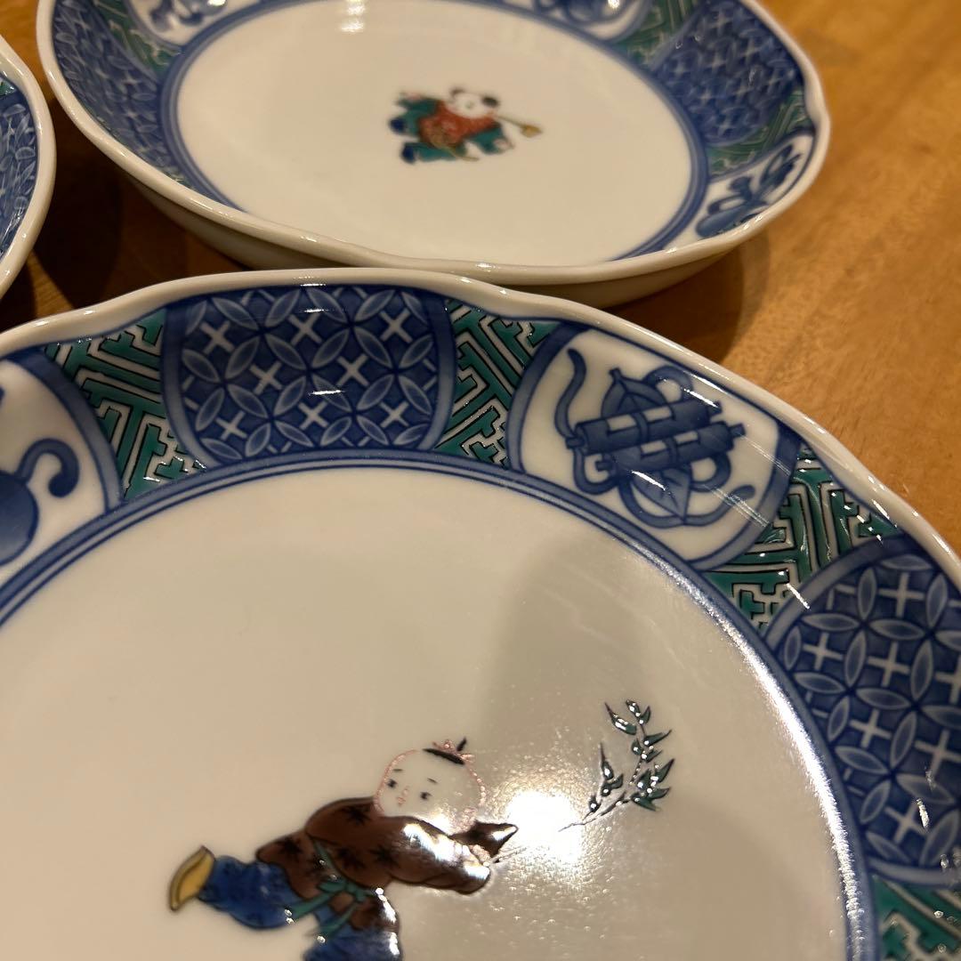 九谷焼　青郊窯　唐子絵変わり　平皿　五枚