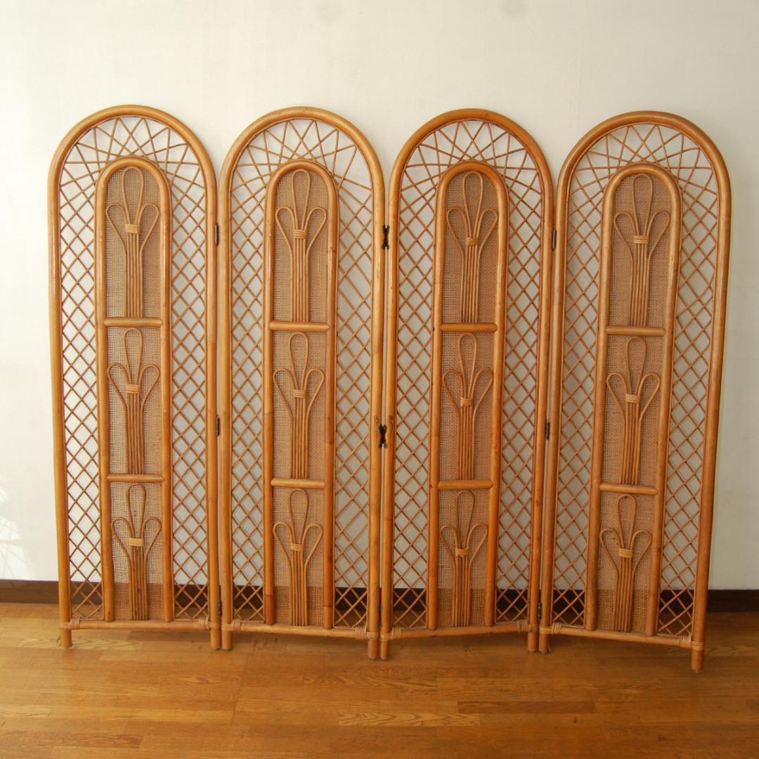籐 ラタン 4連 間仕切り パーテーション 衝立 昭和レトロ