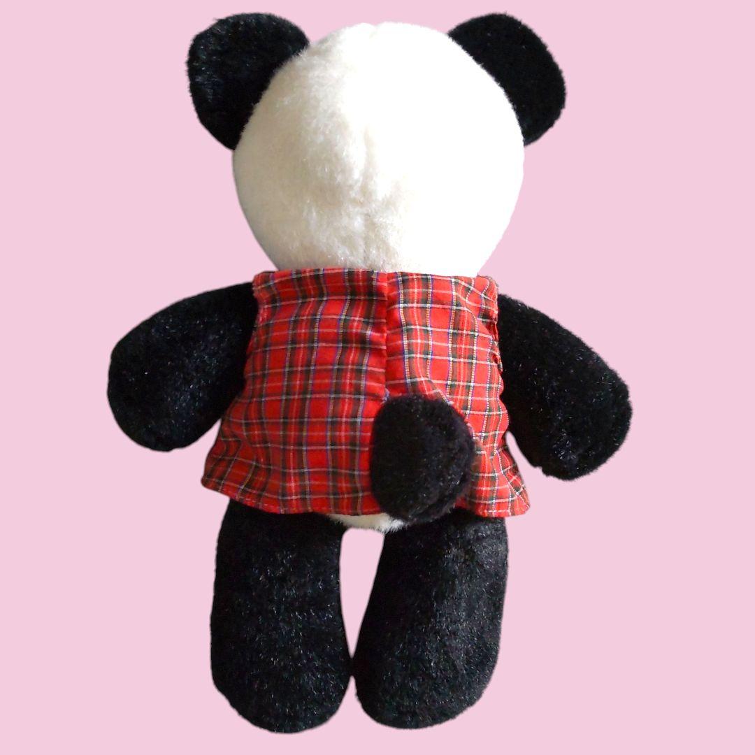 [洗濯済]パンダ ぬいぐるみ 赤いチェック柄洋服付き レトロ レア