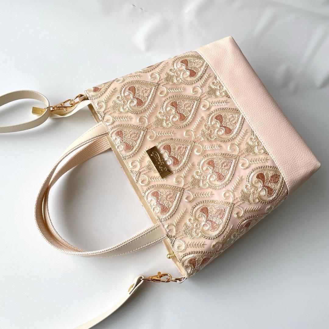 ゆずlove　ショルダーバッグ2way インド刺繍ハートピンクベージュ