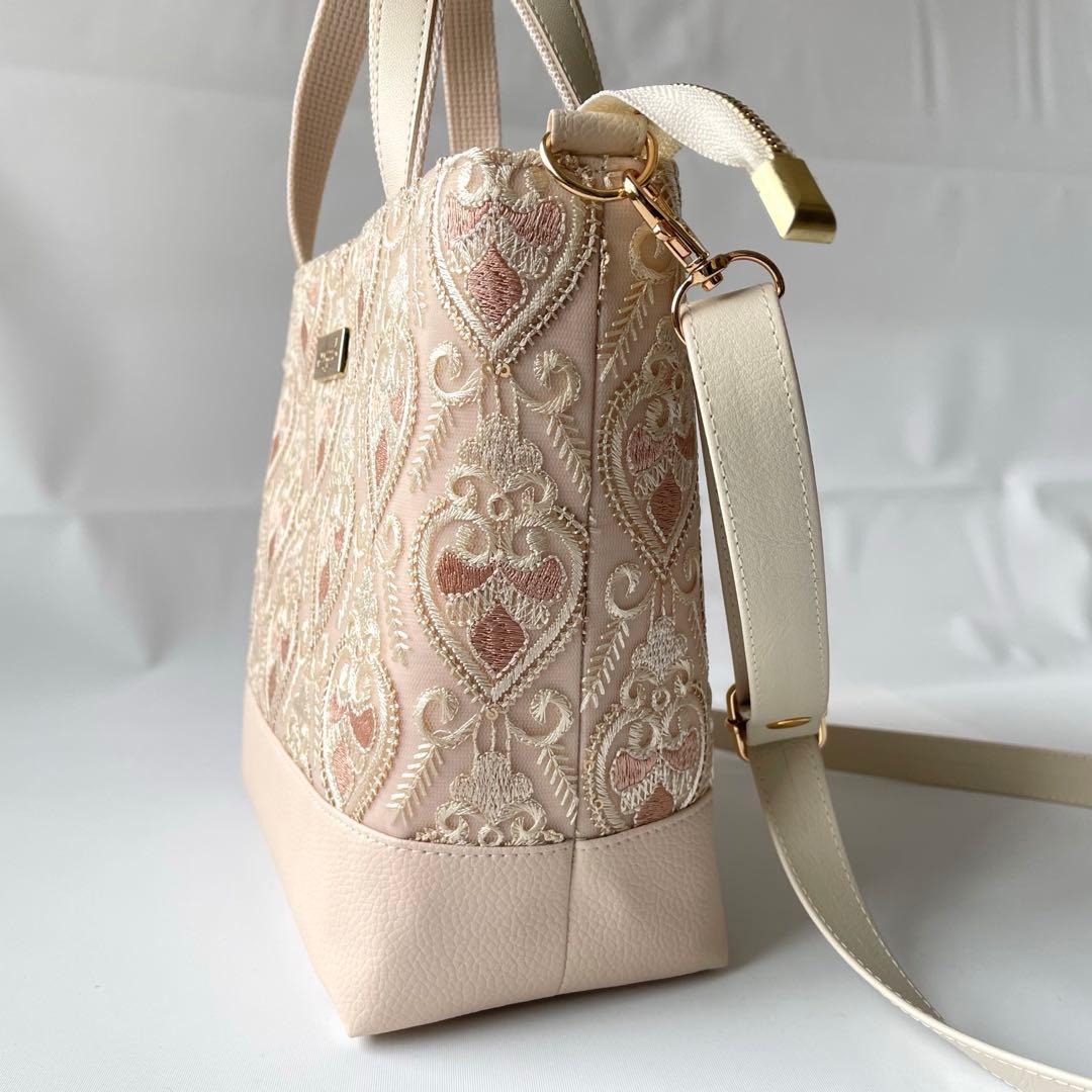 ゆずlove　ショルダーバッグ2way インド刺繍ハートピンクベージュ