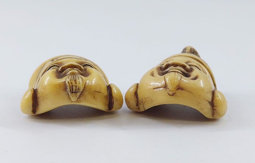 時代物 ヴィンテージ 七福神面根付 天然素材 在銘有 2点セット約3.5cm