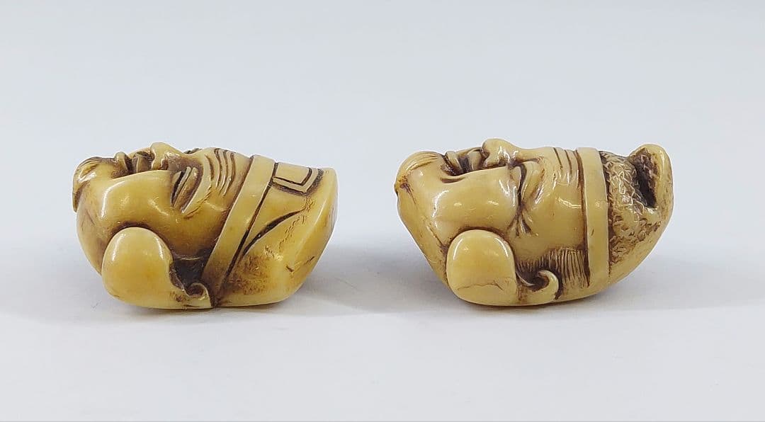 時代物 ヴィンテージ 七福神面根付 天然素材 在銘有 2点セット約3.5cm