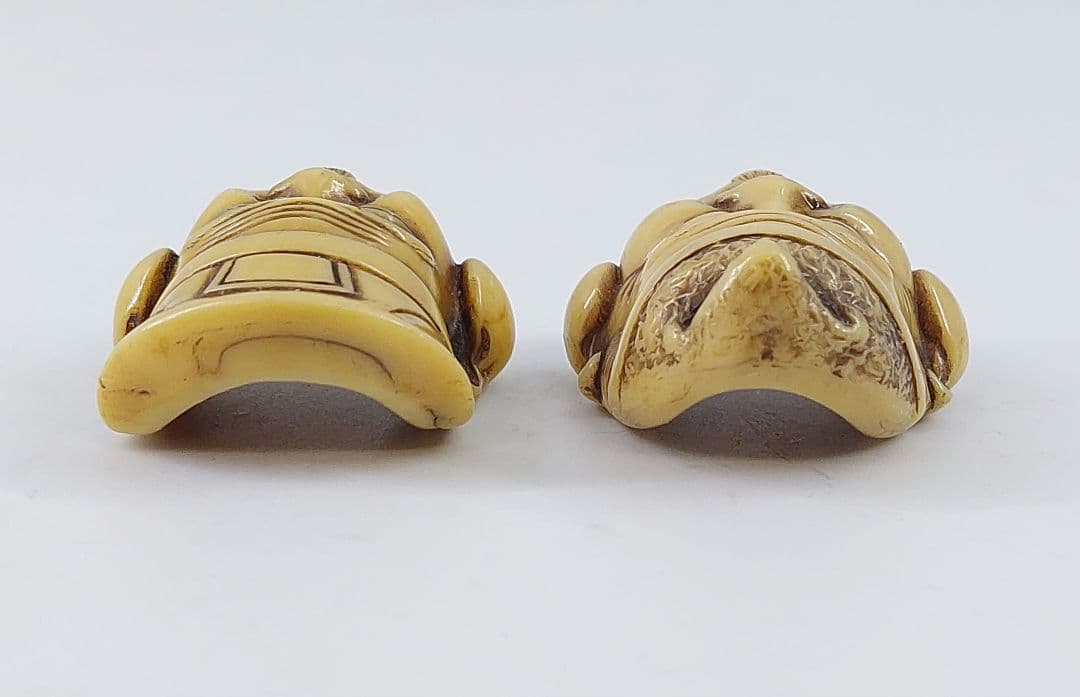 時代物 ヴィンテージ 七福神面根付 天然素材 在銘有 2点セット約3.5cm