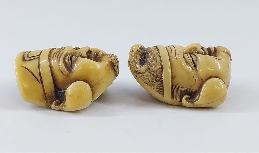時代物 ヴィンテージ 七福神面根付 天然素材 在銘有 2点セット約3.5cm