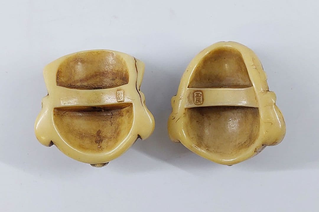時代物 ヴィンテージ 七福神面根付 天然素材 在銘有 2点セット約3.5cm