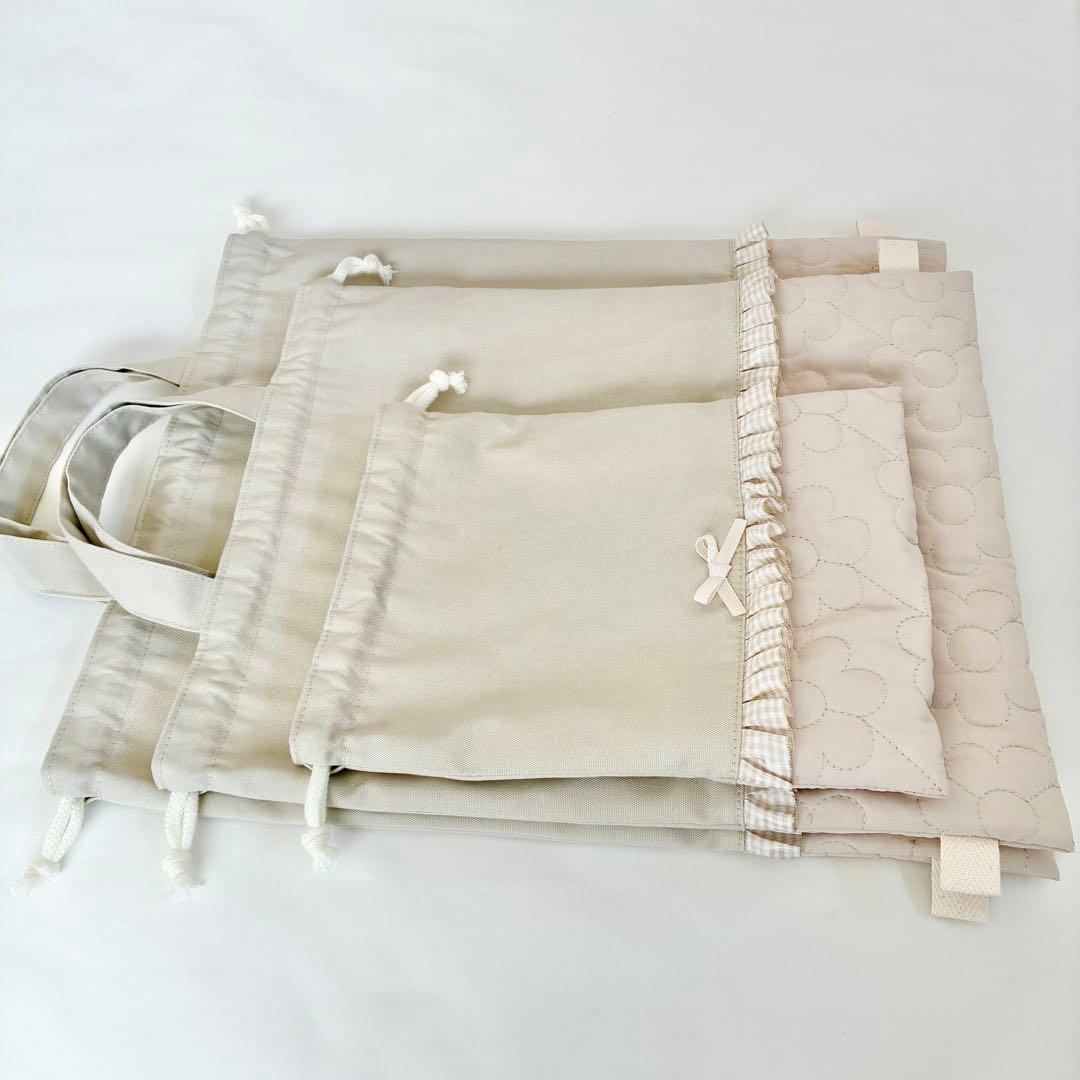 入園入学3点セット　お着替え袋M ライトベージュ　お花キルティング