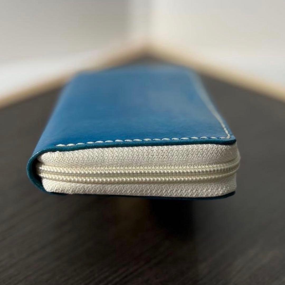 本革 ラウンドファスナー長財布 ラウンドジップ長財布 ハンドメイド 青 手染め