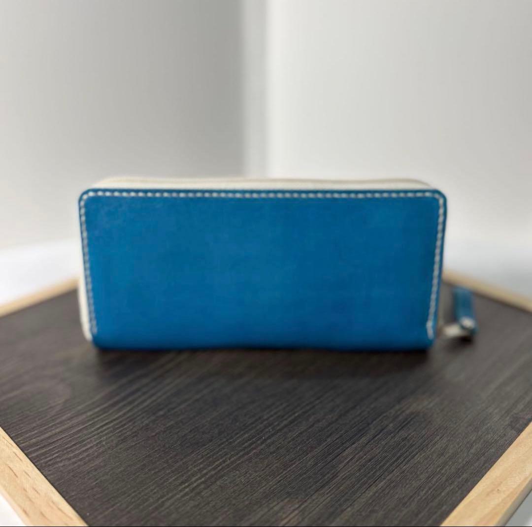 本革 ラウンドファスナー長財布 ラウンドジップ長財布 ハンドメイド 青 手染め