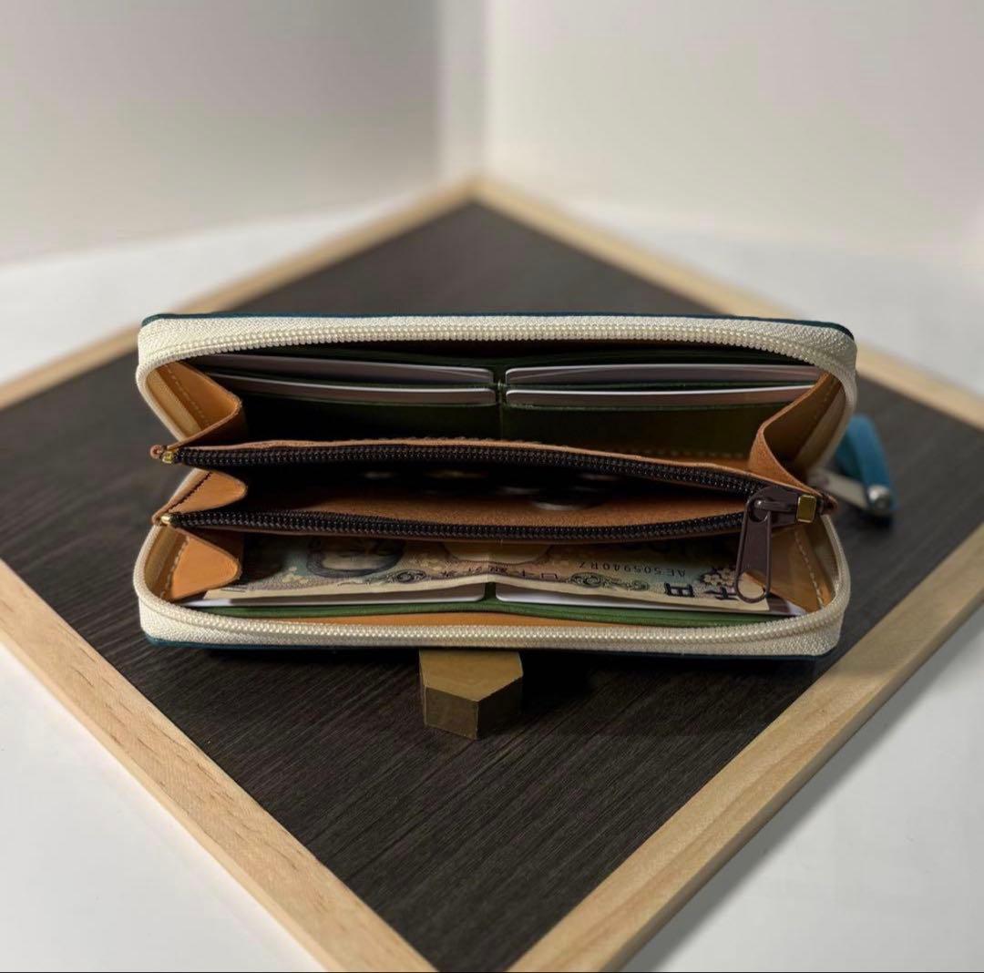 本革 ラウンドファスナー長財布 ラウンドジップ長財布 ハンドメイド 青 手染め