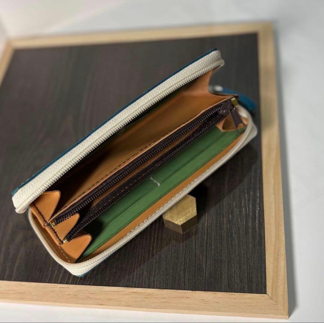 本革 ラウンドファスナー長財布 ラウンドジップ長財布 ハンドメイド 青 手染め