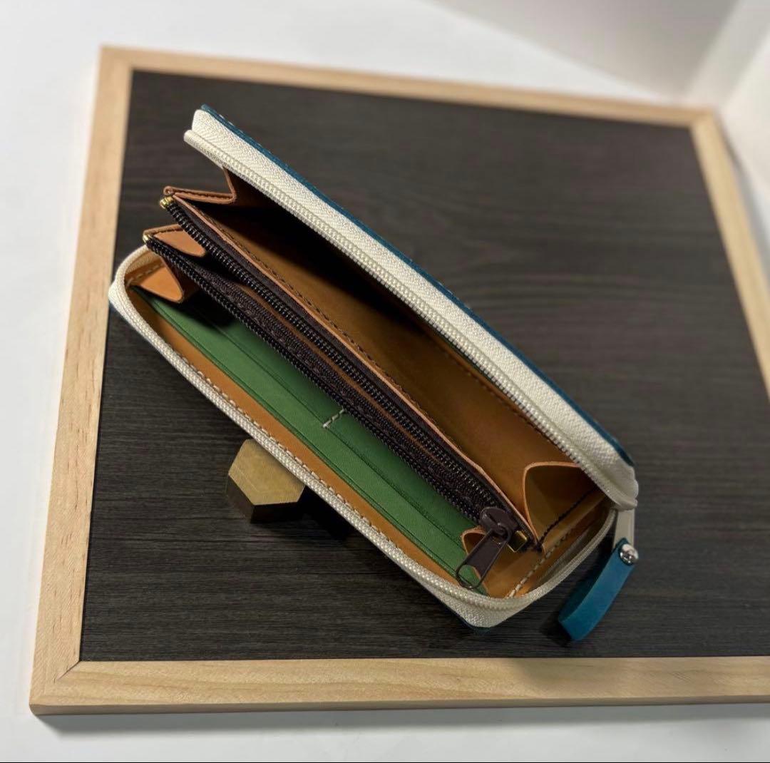 本革 ラウンドファスナー長財布 ラウンドジップ長財布 ハンドメイド 青 手染め