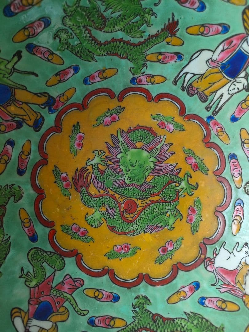 ●中国アンティーク 内側緑　小物入れ 彩色 磁器 骨董 骨董品 置物