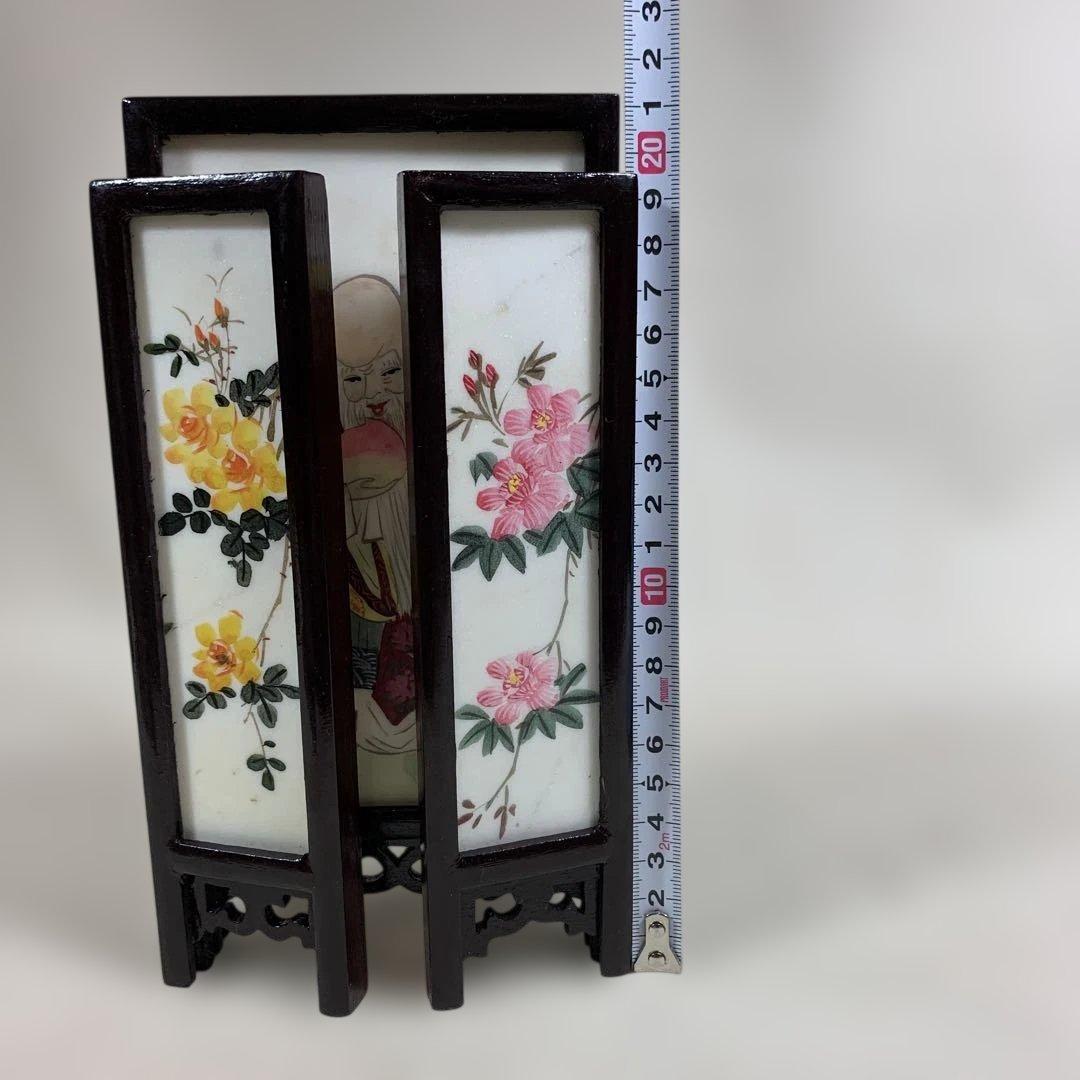 中国古玩 白雲石製品 三面硯屏 桃仙人図花図 MARBLE ARTICLES