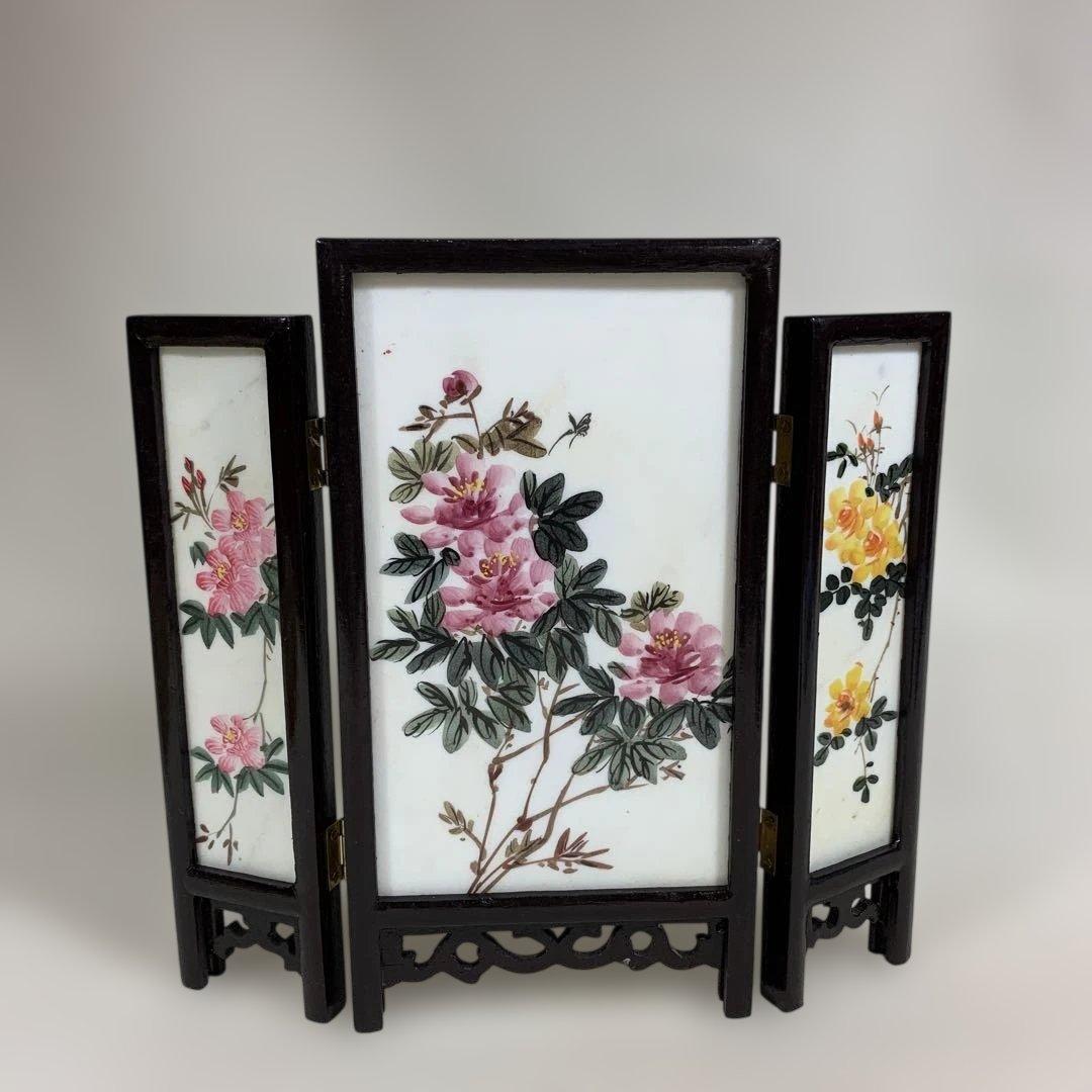 中国古玩 白雲石製品 三面硯屏 桃仙人図花図 MARBLE ARTICLES