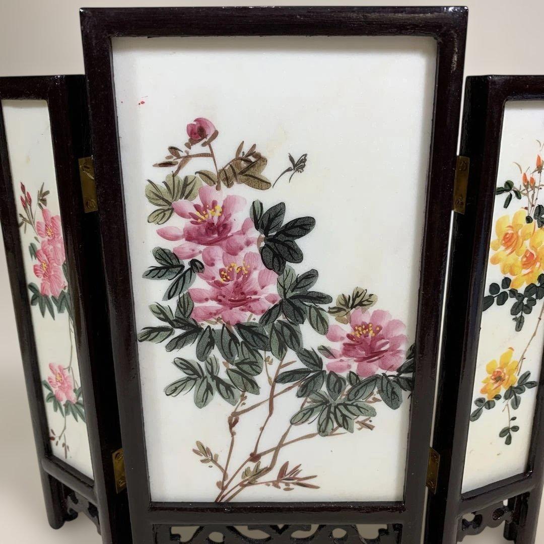 中国古玩 白雲石製品 三面硯屏 桃仙人図花図 MARBLE ARTICLES