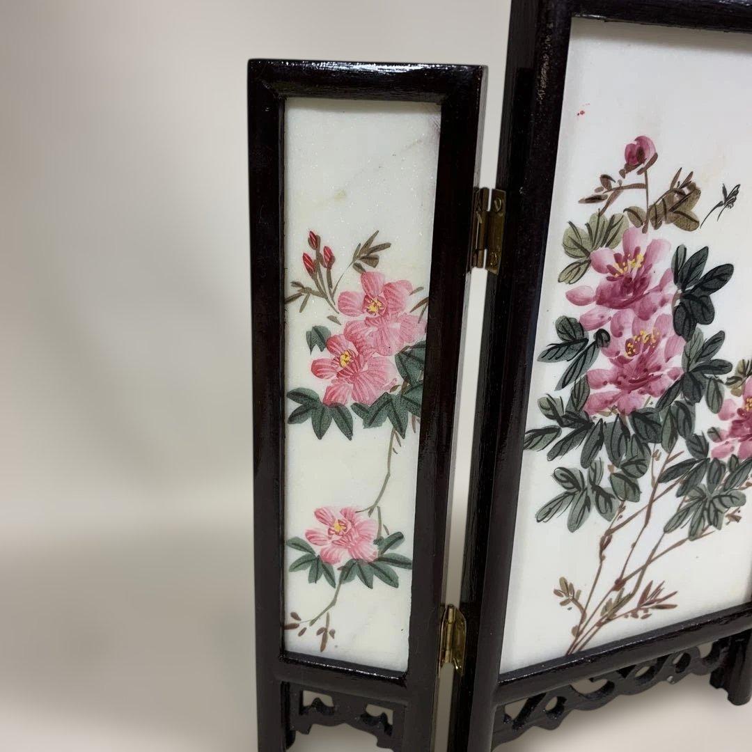 中国古玩 白雲石製品 三面硯屏 桃仙人図花図 MARBLE ARTICLES