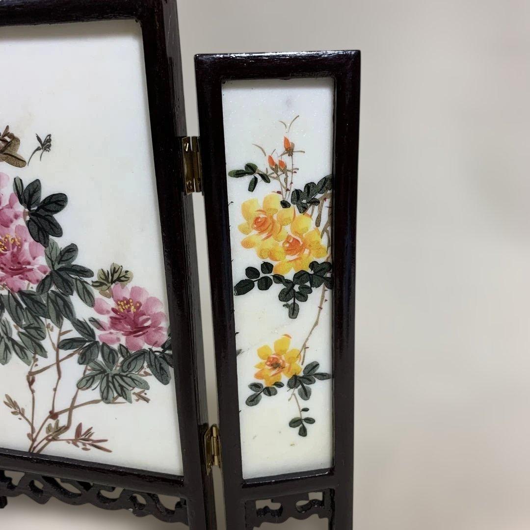 中国古玩 白雲石製品 三面硯屏 桃仙人図花図 MARBLE ARTICLES