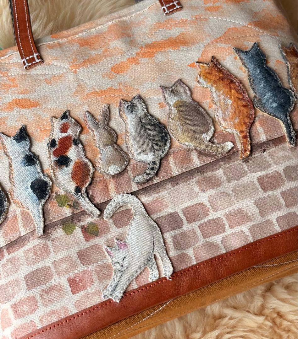 (手づくり)\"気の向くままニャンズ+1\"ねこネコうさぎのトートバッグ/刺繍