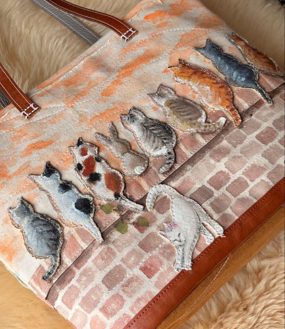 (手づくり)\"気の向くままニャンズ+1\"ねこネコうさぎのトートバッグ/刺繍