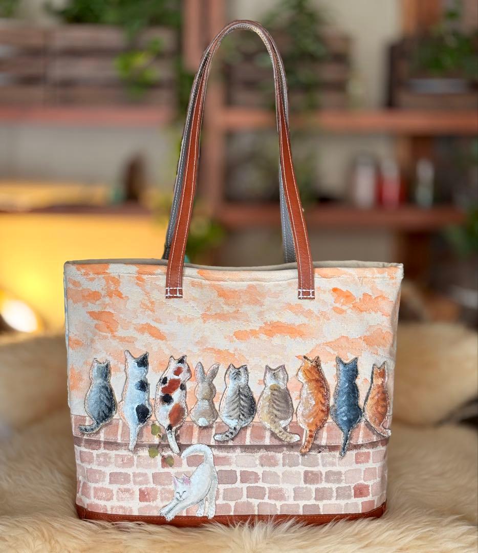 (手づくり)\"気の向くままニャンズ+1\"ねこネコうさぎのトートバッグ/刺繍