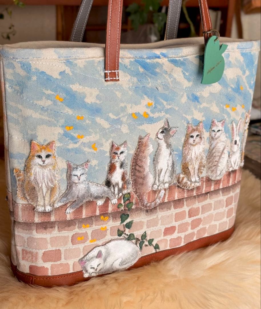 (手づくり)\"気の向くままニャンズ+1\"ねこネコうさぎのトートバッグ/刺繍