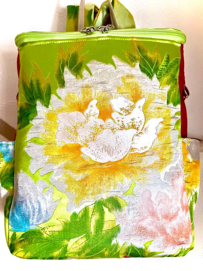 ボックスリュック　帯リメイク　ライトグリーン×ショッキングピンク