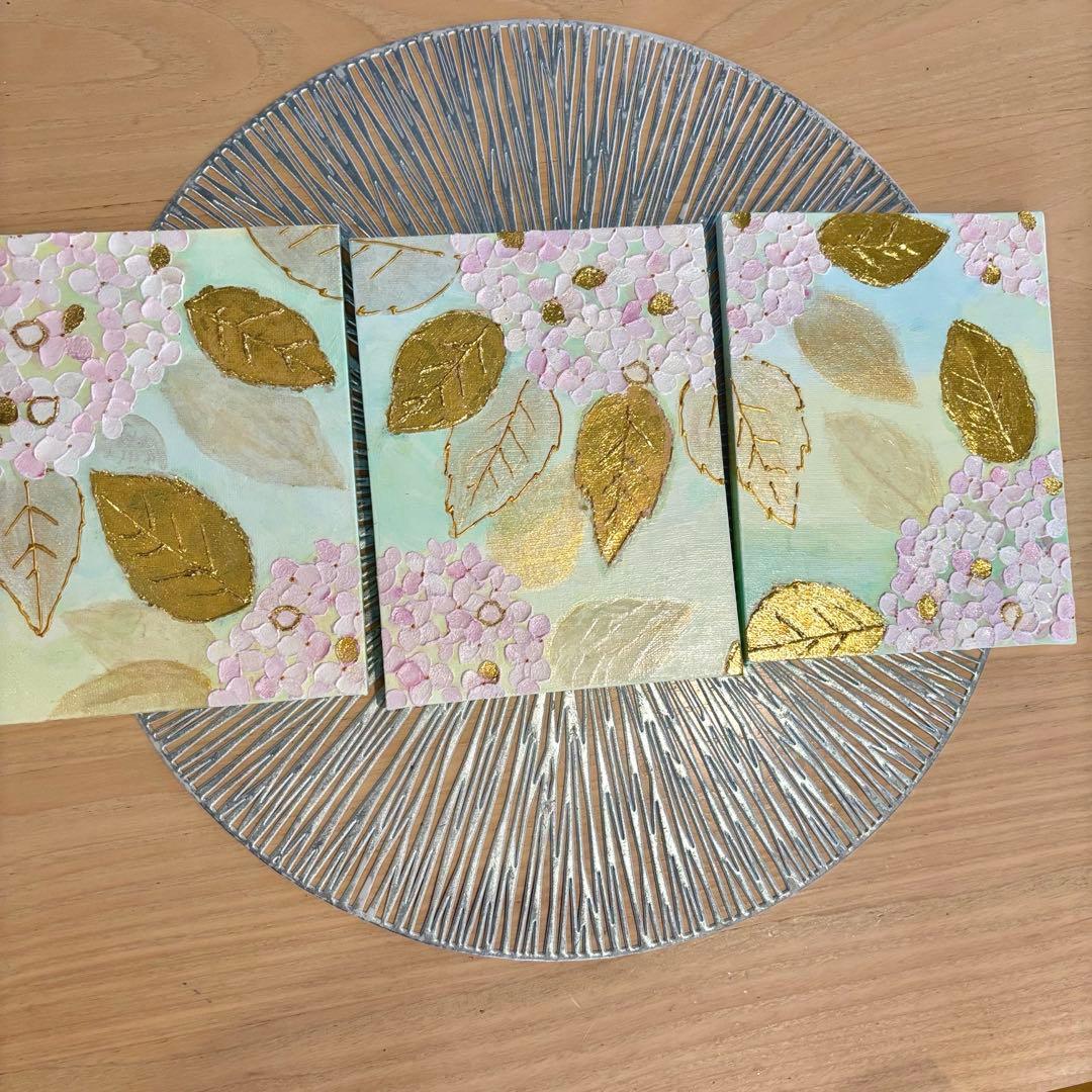 【3枚セット】紫陽花×金箔 テクスチャーアート ミントグリーン 北欧風 原画