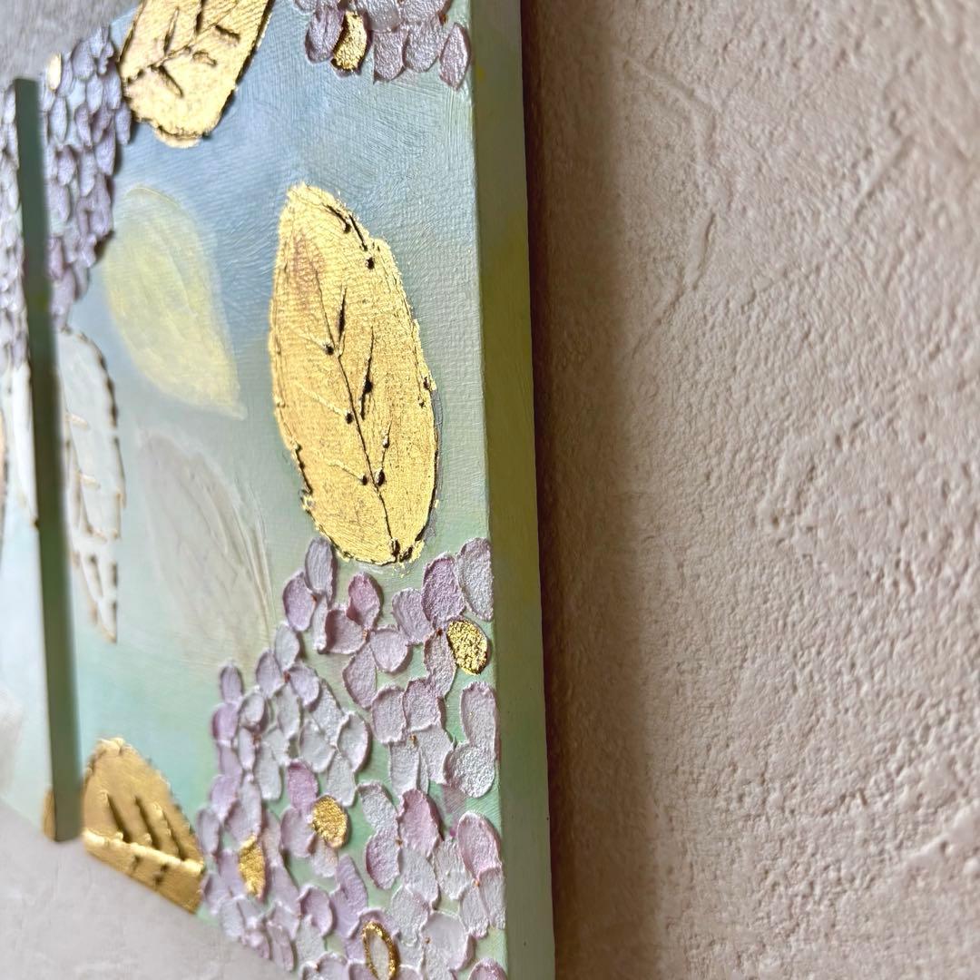 【3枚セット】紫陽花×金箔 テクスチャーアート ミントグリーン 北欧風 原画