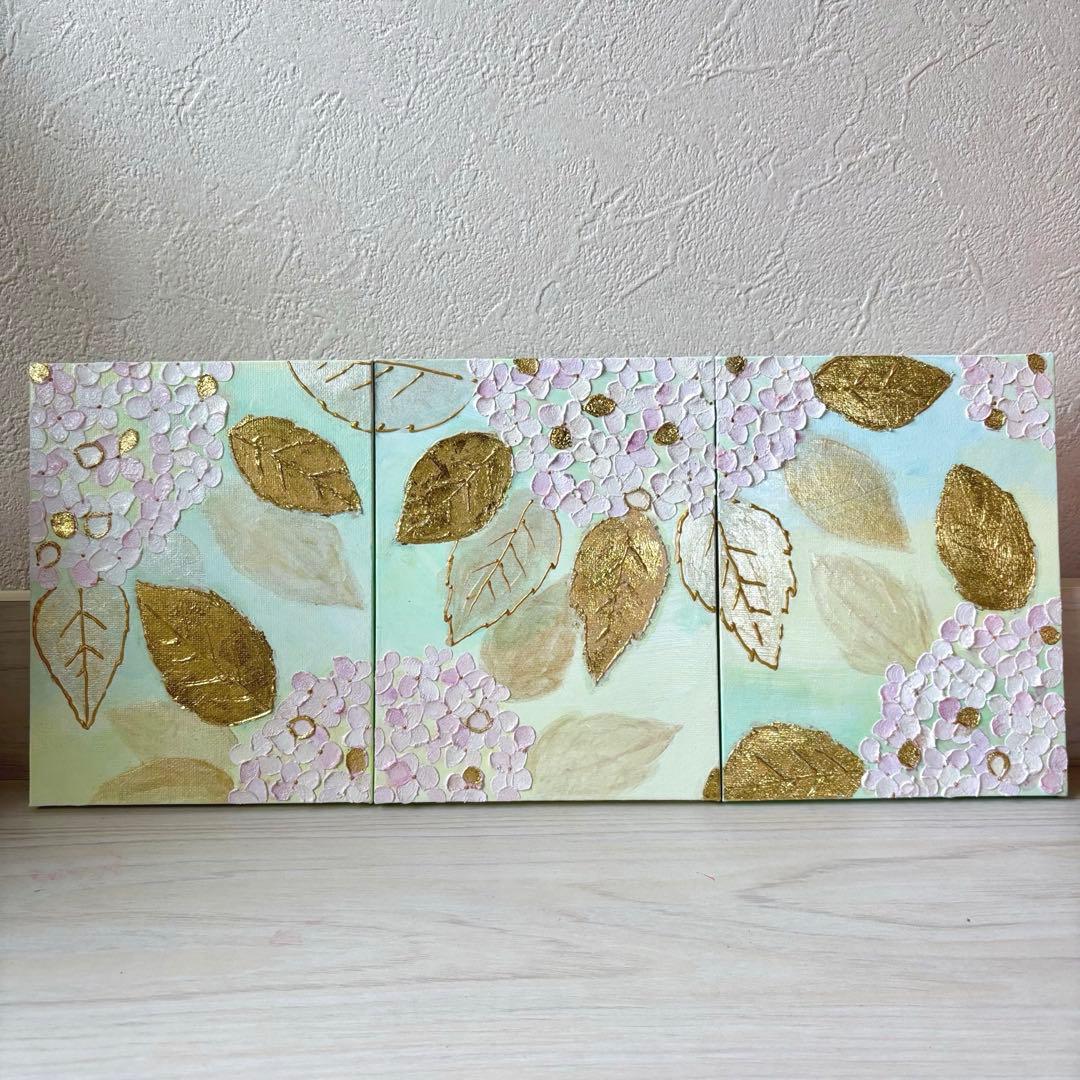 【3枚セット】紫陽花×金箔 テクスチャーアート ミントグリーン 北欧風 原画