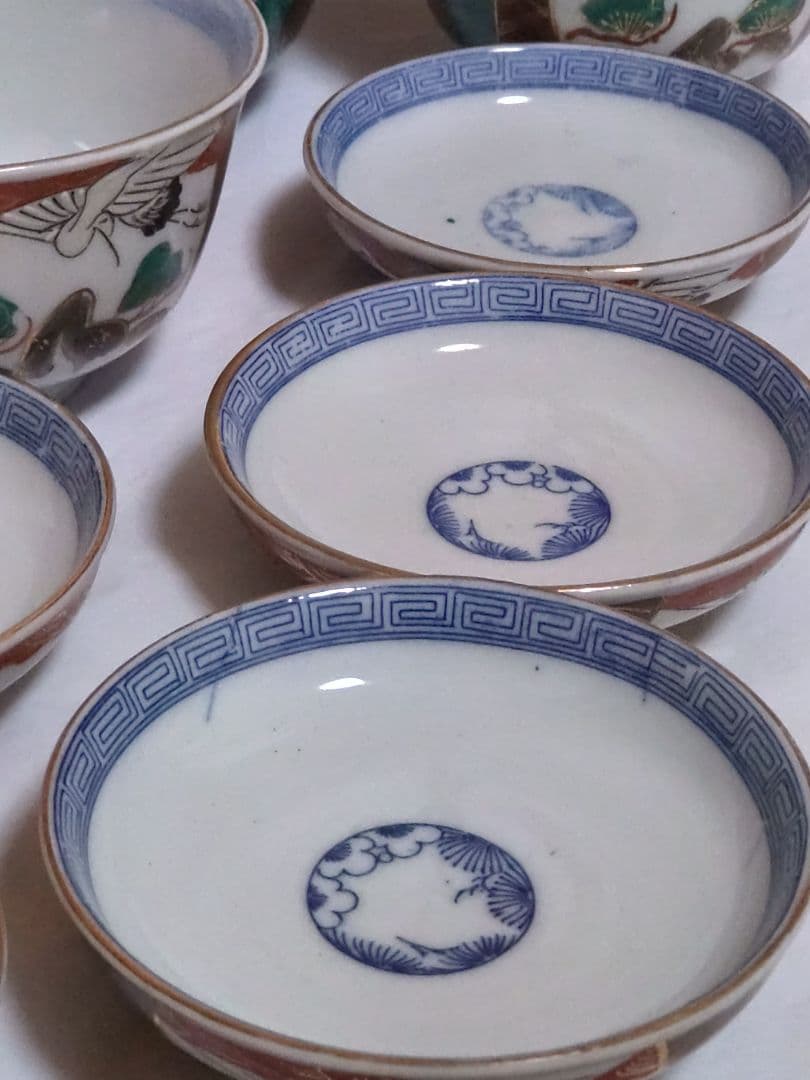 生活骨董　九谷焼　大聖寺焼　色絵鶴亀文蓋付き　染付飯碗セット