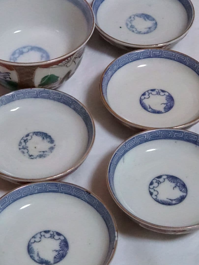 生活骨董　九谷焼　大聖寺焼　色絵鶴亀文蓋付き　染付飯碗セット