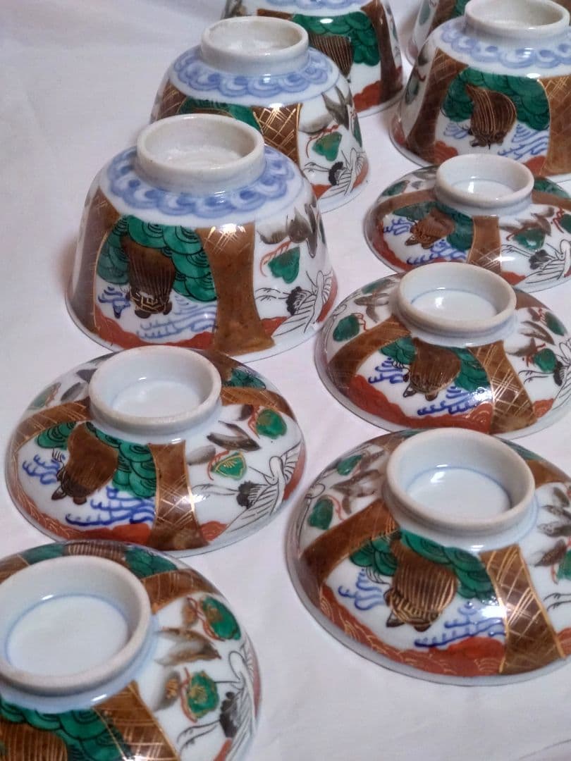 生活骨董　九谷焼　大聖寺焼　色絵鶴亀文蓋付き　染付飯碗セット