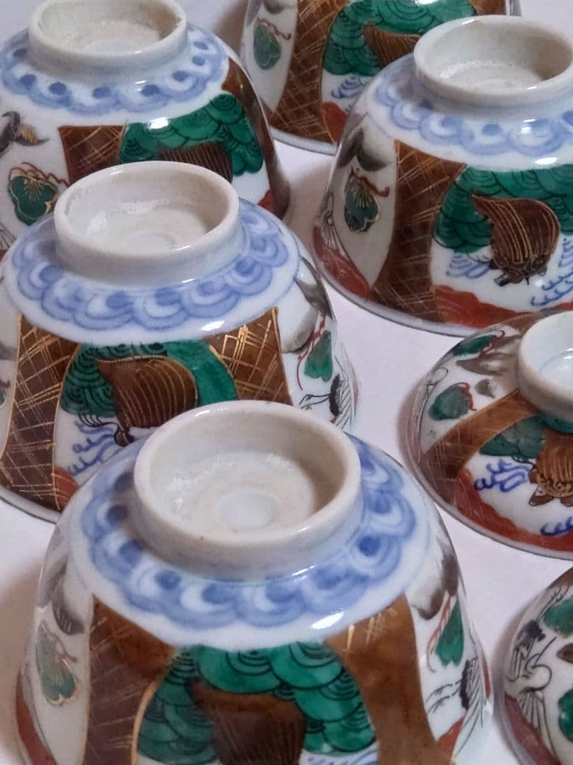 生活骨董　九谷焼　大聖寺焼　色絵鶴亀文蓋付き　染付飯碗セット