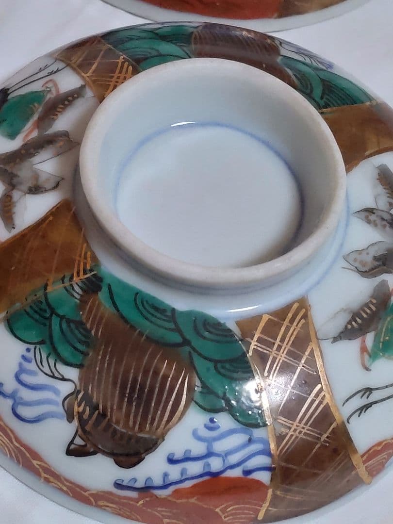 生活骨董　九谷焼　大聖寺焼　色絵鶴亀文蓋付き　染付飯碗セット