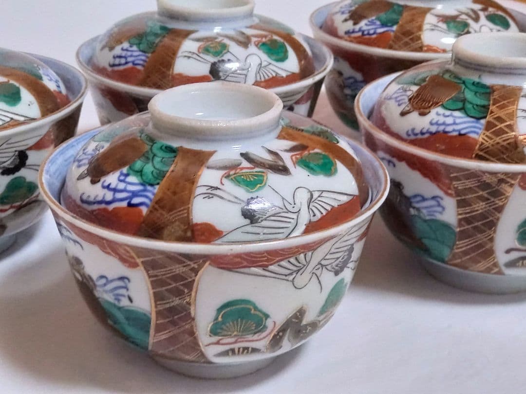 生活骨董　九谷焼　大聖寺焼　色絵鶴亀文蓋付き　染付飯碗セット