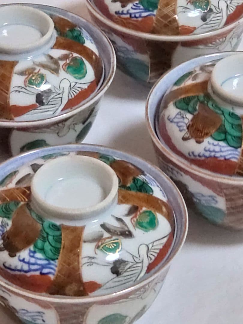 生活骨董　九谷焼　大聖寺焼　色絵鶴亀文蓋付き　染付飯碗セット