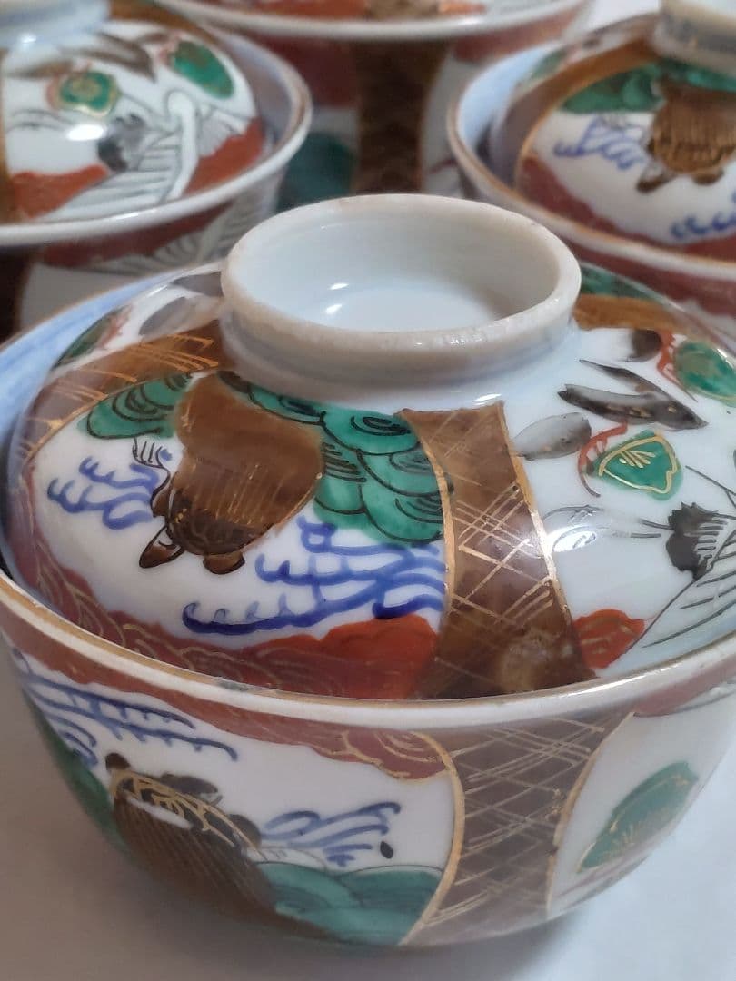 生活骨董　九谷焼　大聖寺焼　色絵鶴亀文蓋付き　染付飯碗セット